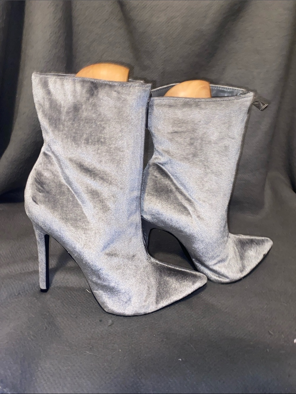 JustFab Silver Velvet Pointed-Toe Stiletto Ankle Boots